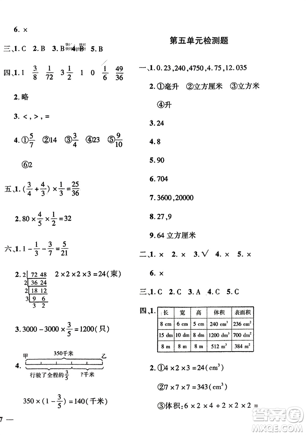 濟(jì)南出版社2024年春黃岡360度定制密卷五年級(jí)數(shù)學(xué)下冊(cè)冀教版參考答案