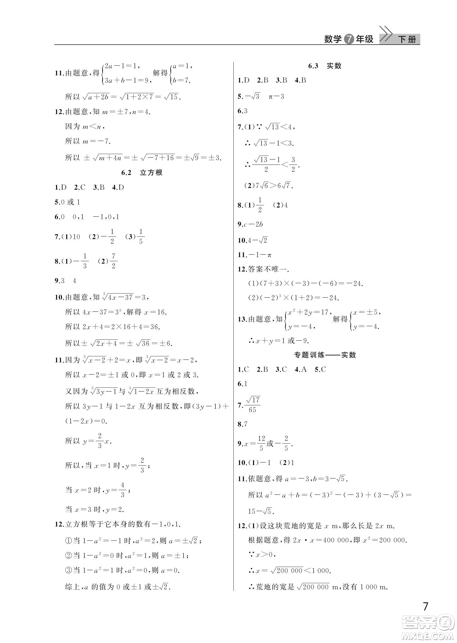 武漢出版社2024年春智慧學習天天向上課堂作業(yè)七年級數(shù)學下冊人教版答案