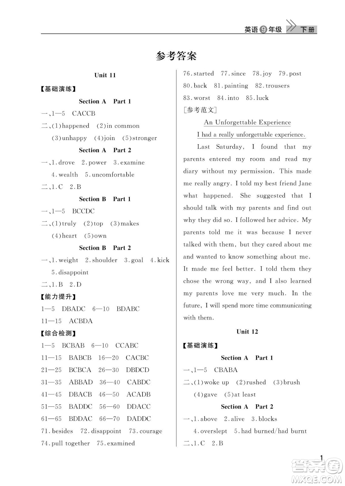 武漢出版社2024年春智慧學(xué)習(xí)天天向上課堂作業(yè)九年級(jí)英語(yǔ)下冊(cè)人教版答案