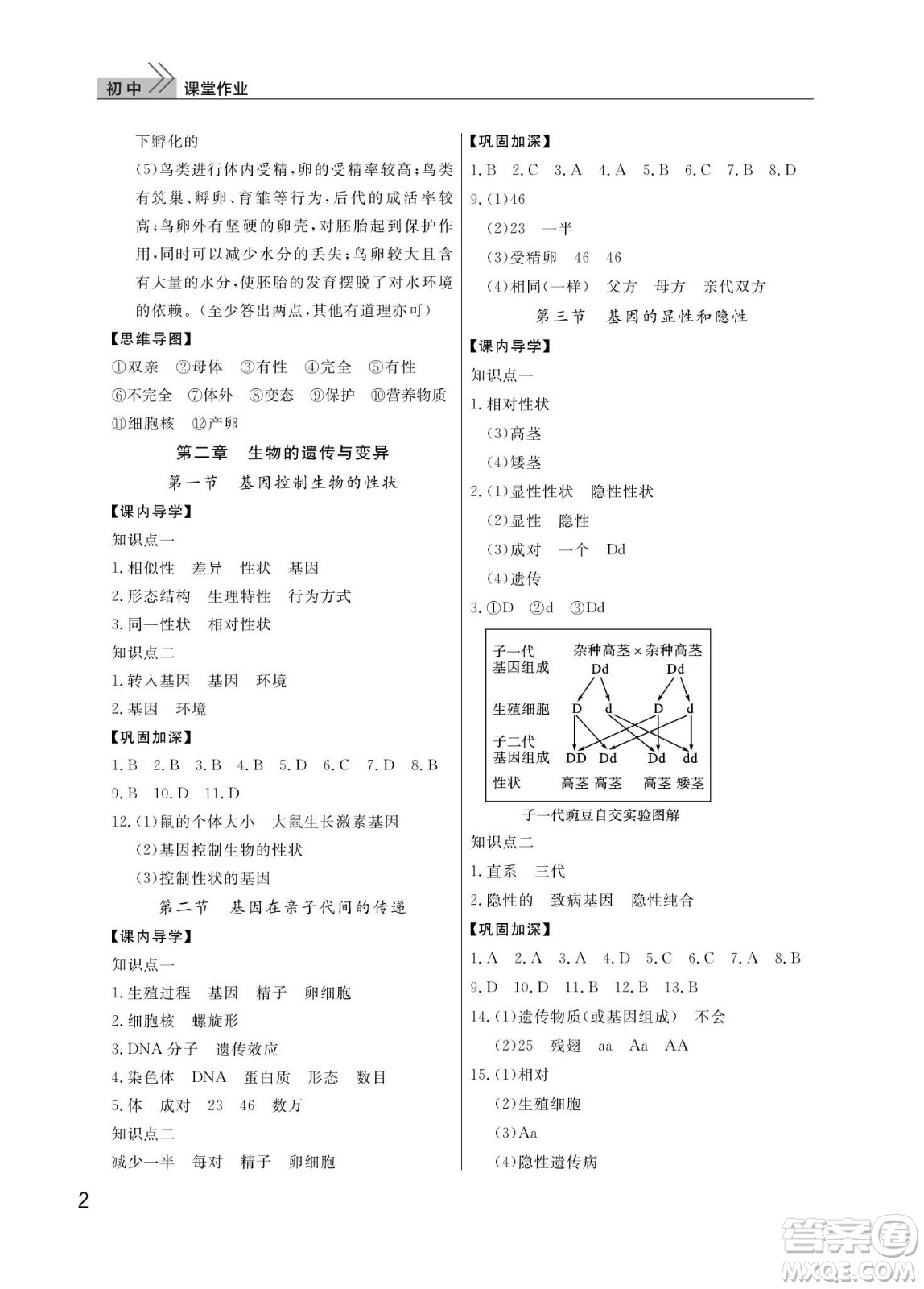 武漢出版社2024年春智慧學(xué)習(xí)天天向上課堂作業(yè)八年級(jí)生物下冊(cè)人教版答案