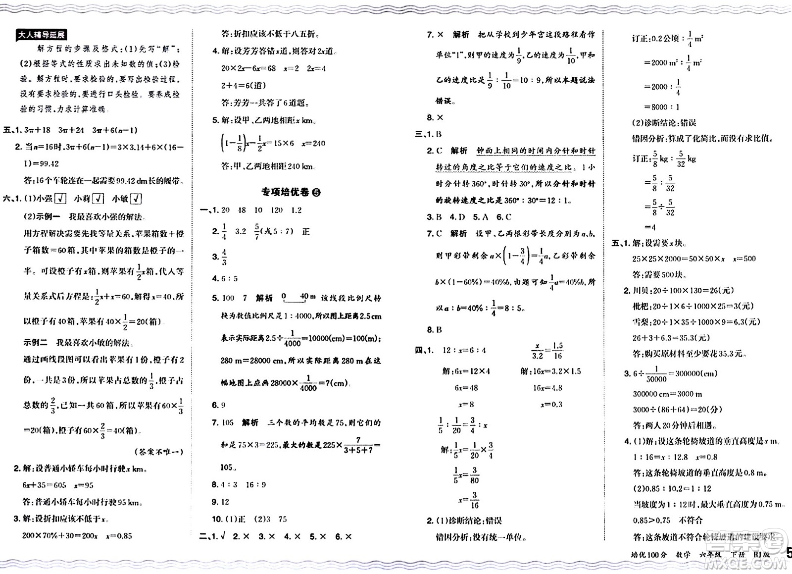 江西人民出版社2024年春王朝霞培優(yōu)100分六年級(jí)數(shù)學(xué)下冊(cè)人教版答案
