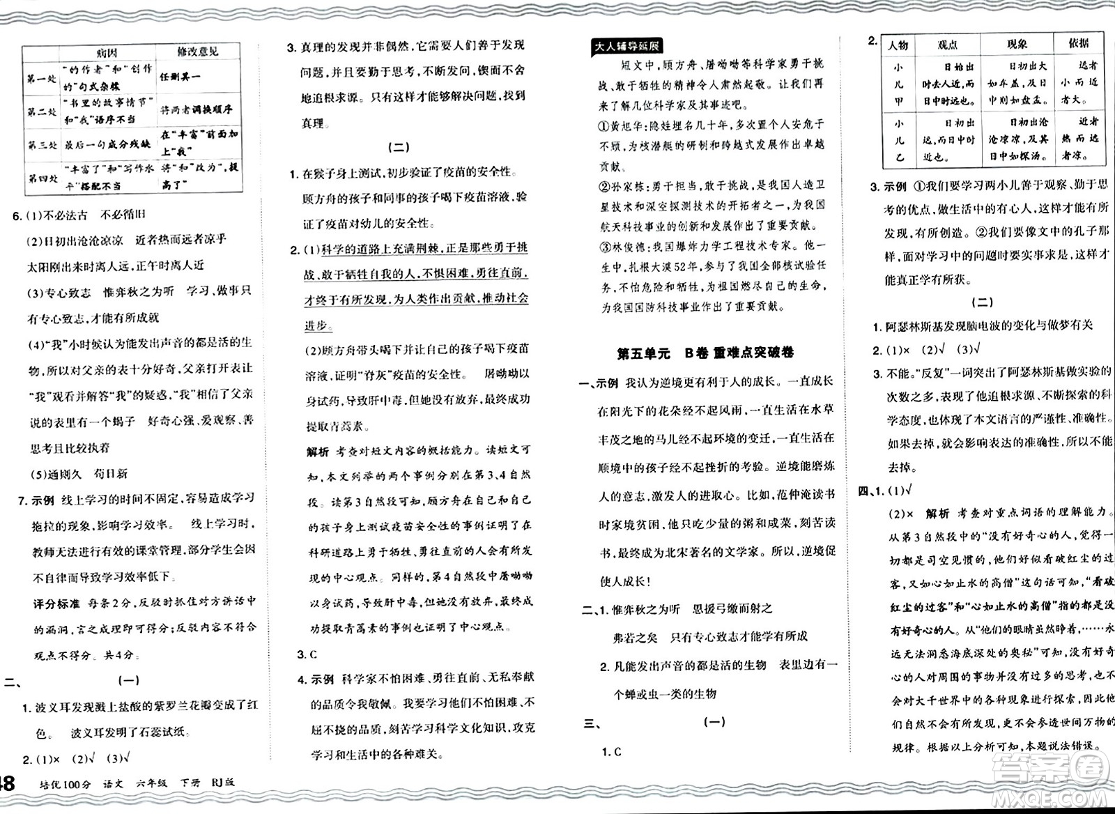 江西人民出版社2024年春王朝霞培優(yōu)100分六年級語文下冊人教版答案