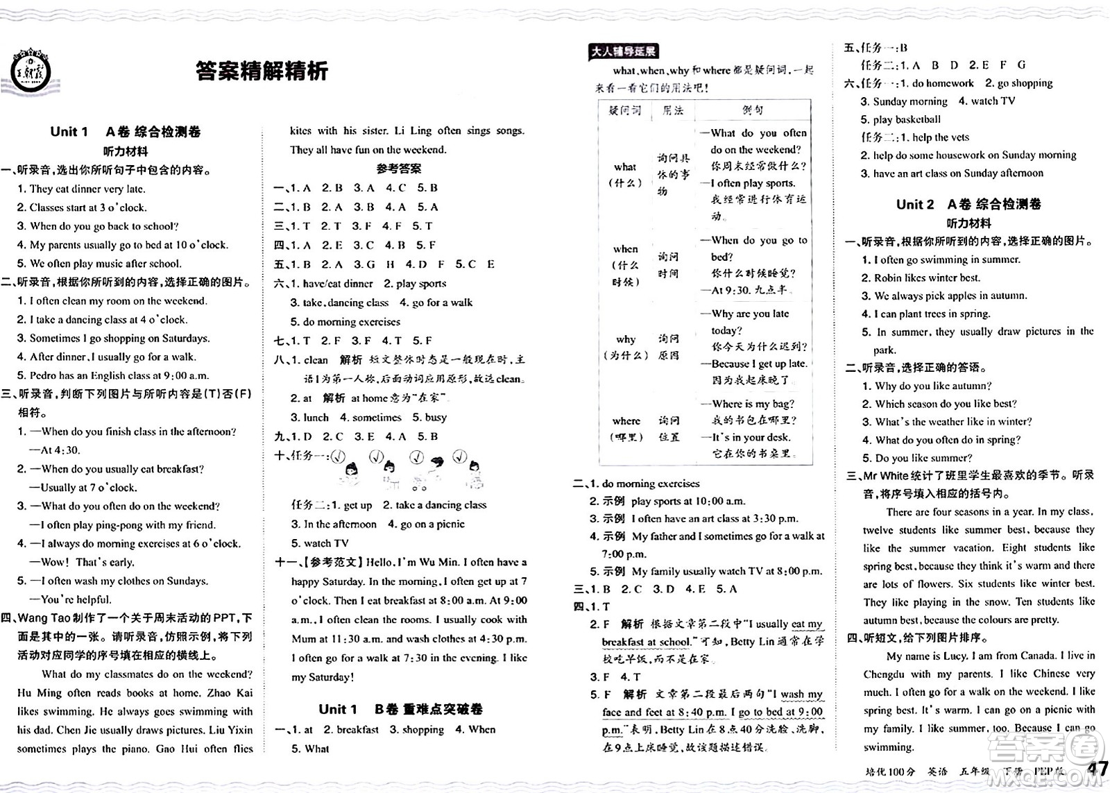 江西人民出版社2024年春王朝霞培優(yōu)100分五年級(jí)英語(yǔ)下冊(cè)人教PEP版答案