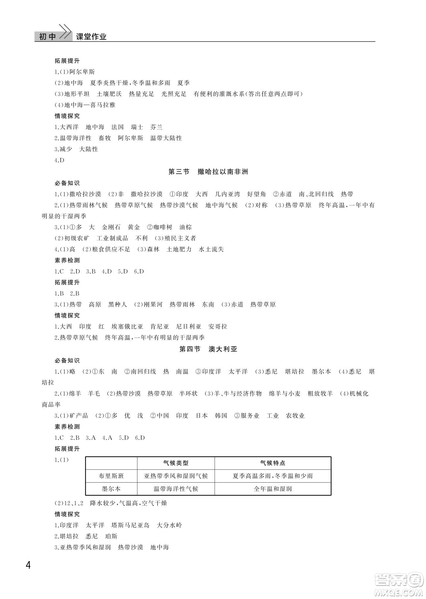 武漢出版社2024年春智慧學(xué)習(xí)天天向上課堂作業(yè)七年級(jí)地理下冊(cè)人教版答案