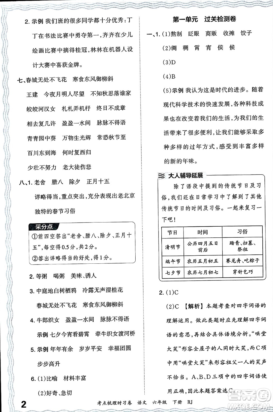 江西人民出版社2024年春王朝霞考點(diǎn)梳理時(shí)習(xí)卷六年級(jí)語(yǔ)文下冊(cè)人教版答案