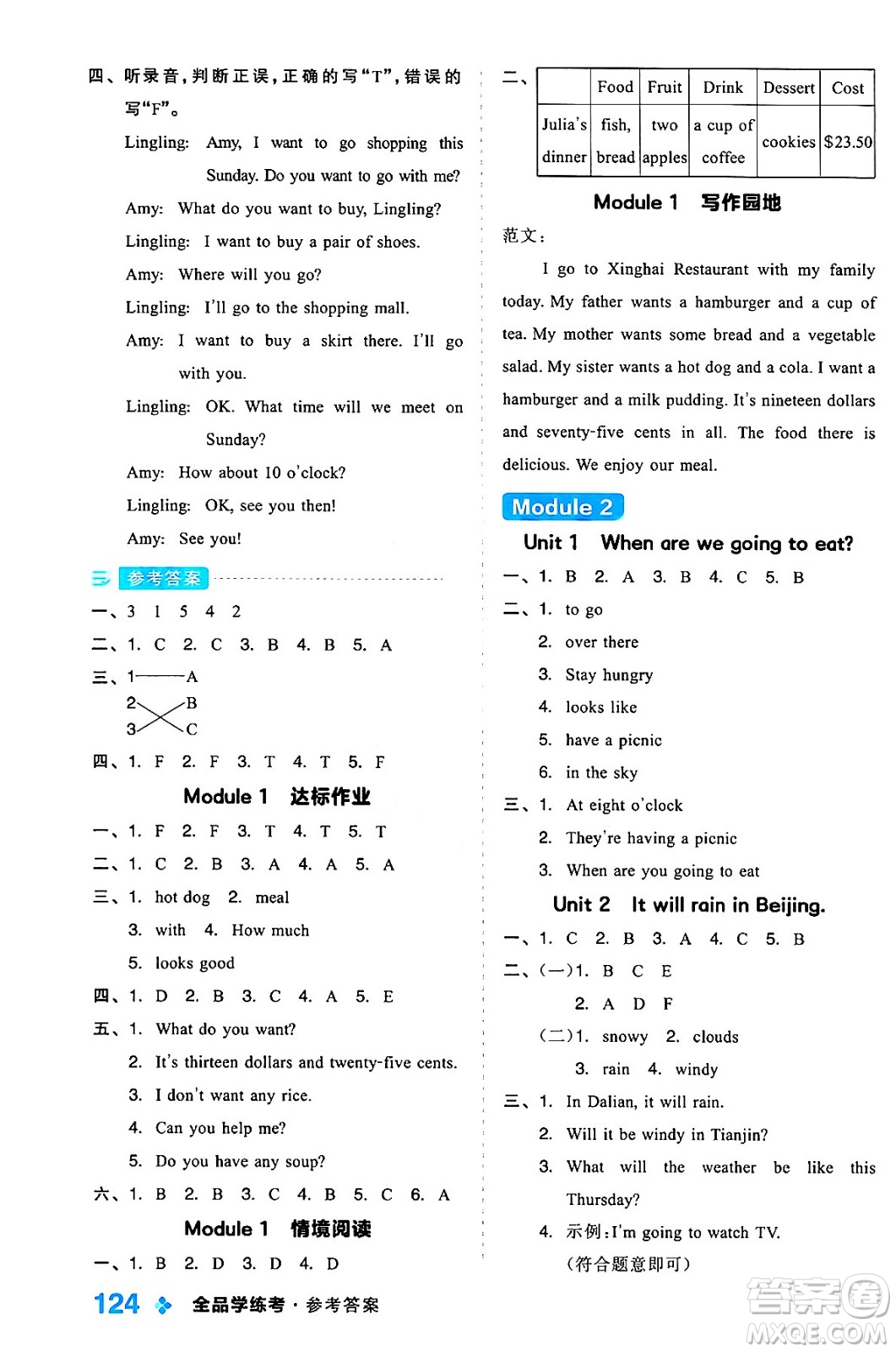 開明出版社2024年春全品學(xué)練考六年級(jí)英語下冊(cè)外研版一起點(diǎn)答案