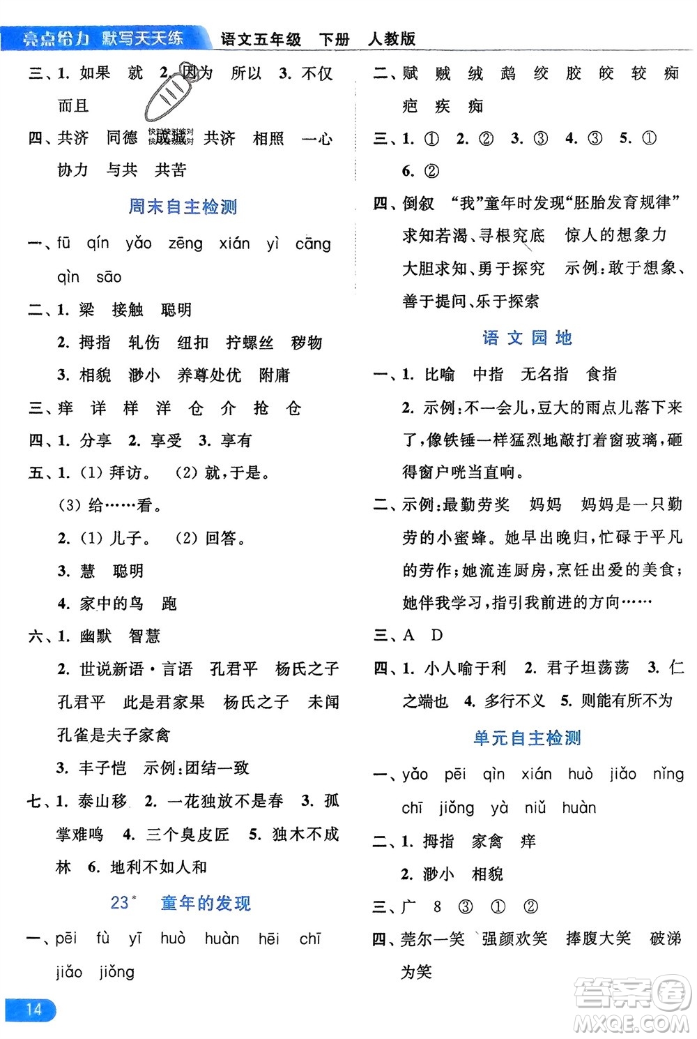 北京教育出版社2024年春亮點給力默寫天天練五年級語文下冊人教版參考答案