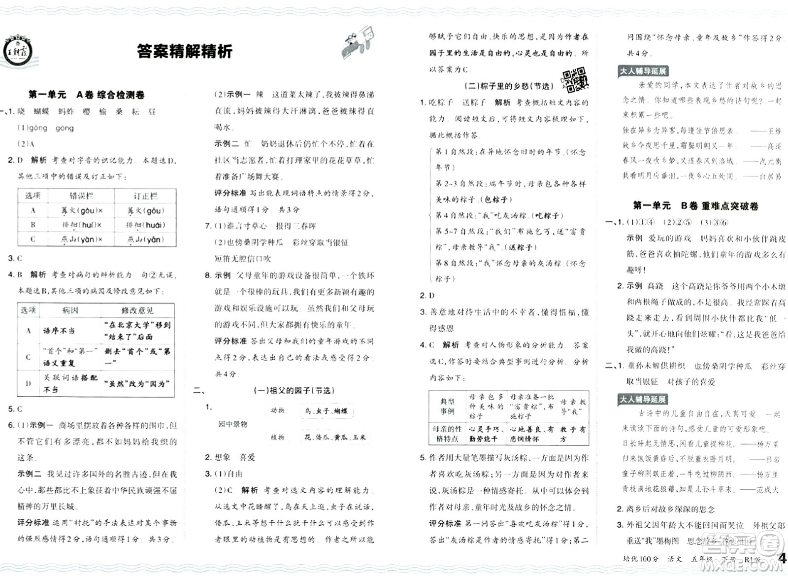 江西人民出版社2024年春王朝霞培優(yōu)100分五年級語文下冊人教版答案