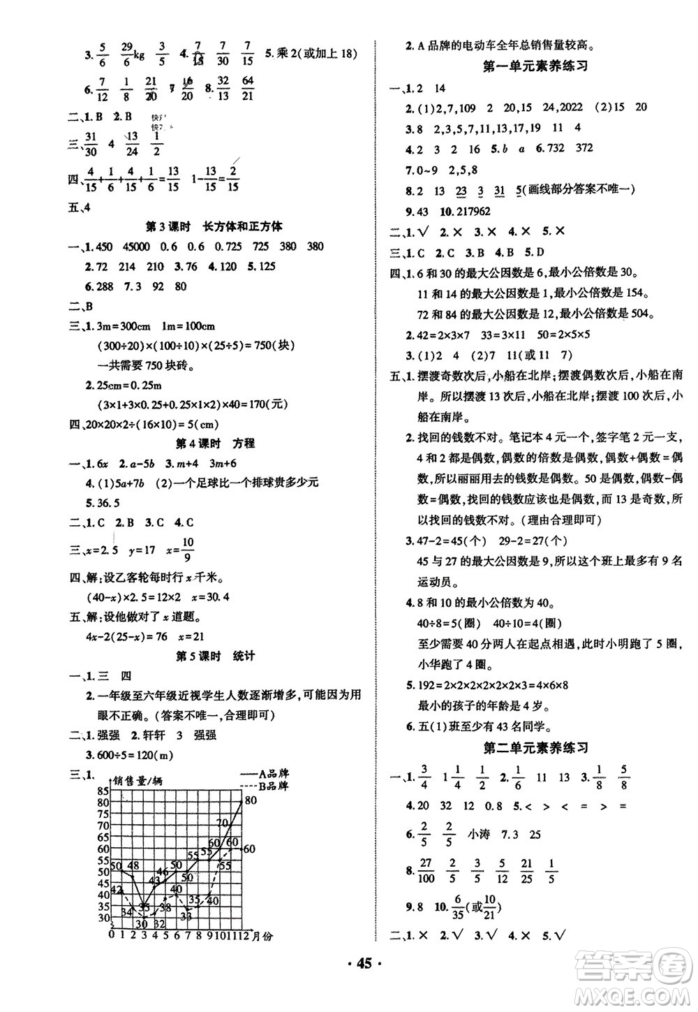 吉林教育出版社2024年春一對一同步精練測評五年級數(shù)學(xué)下冊西師版參考答案