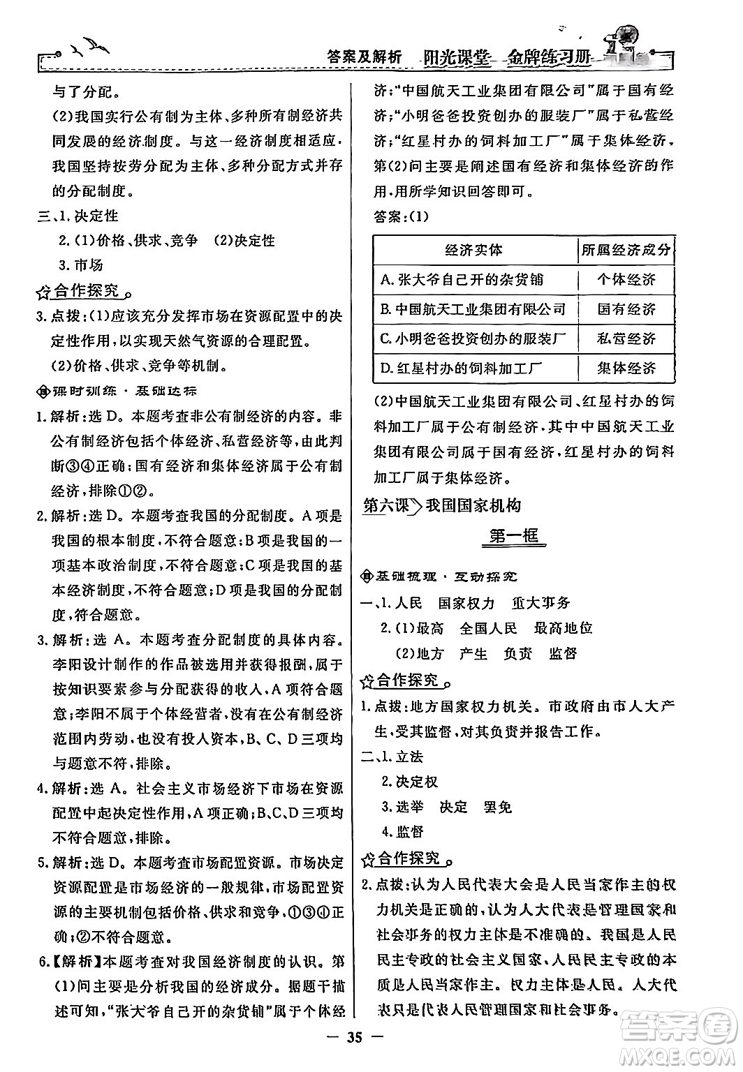 人民教育出版社2024年春陽光課堂金牌練習(xí)冊八年級道德與法治下冊人教版答案