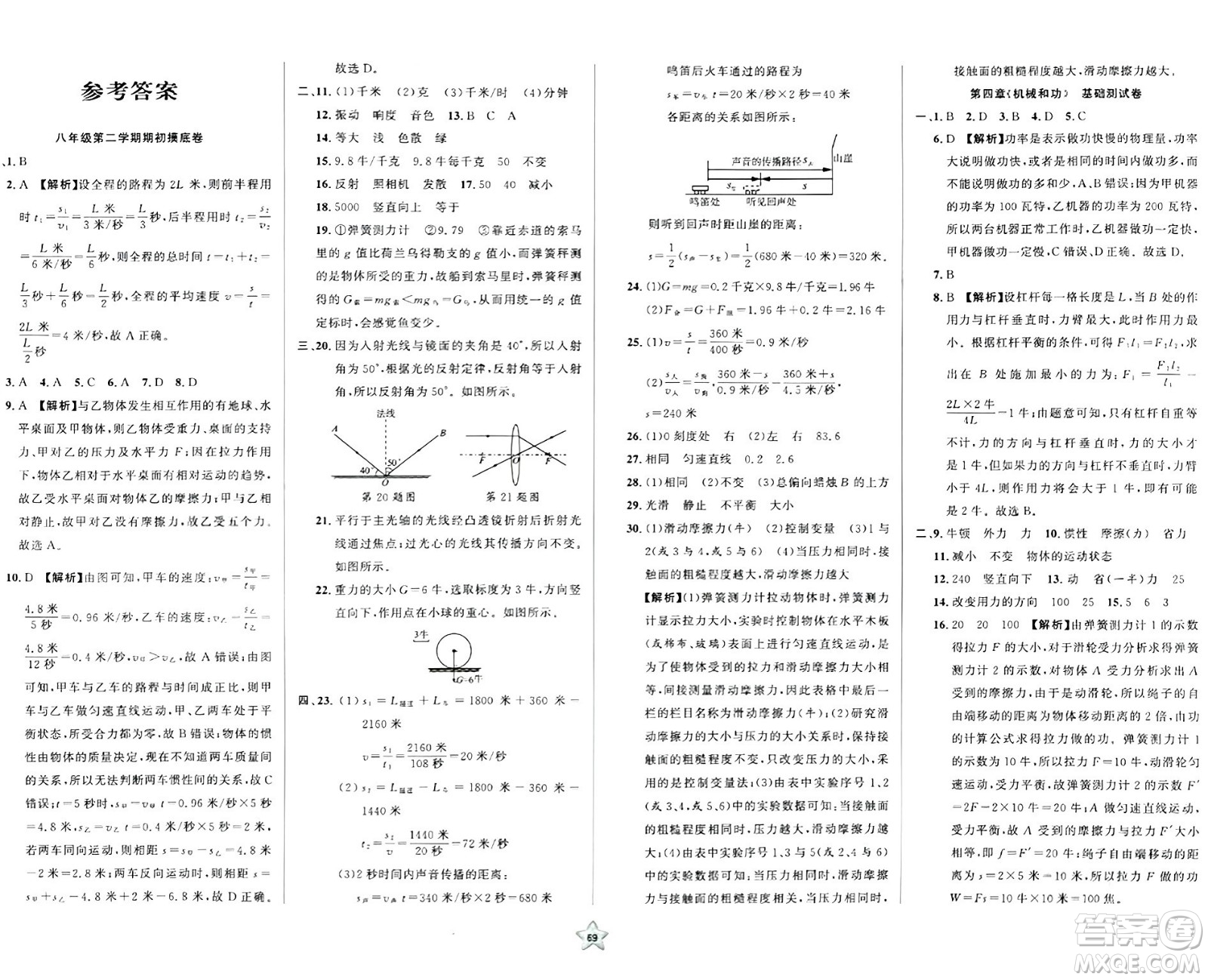 安徽人民出版社2024年春一卷搞定八年級物理下冊上海專版答案