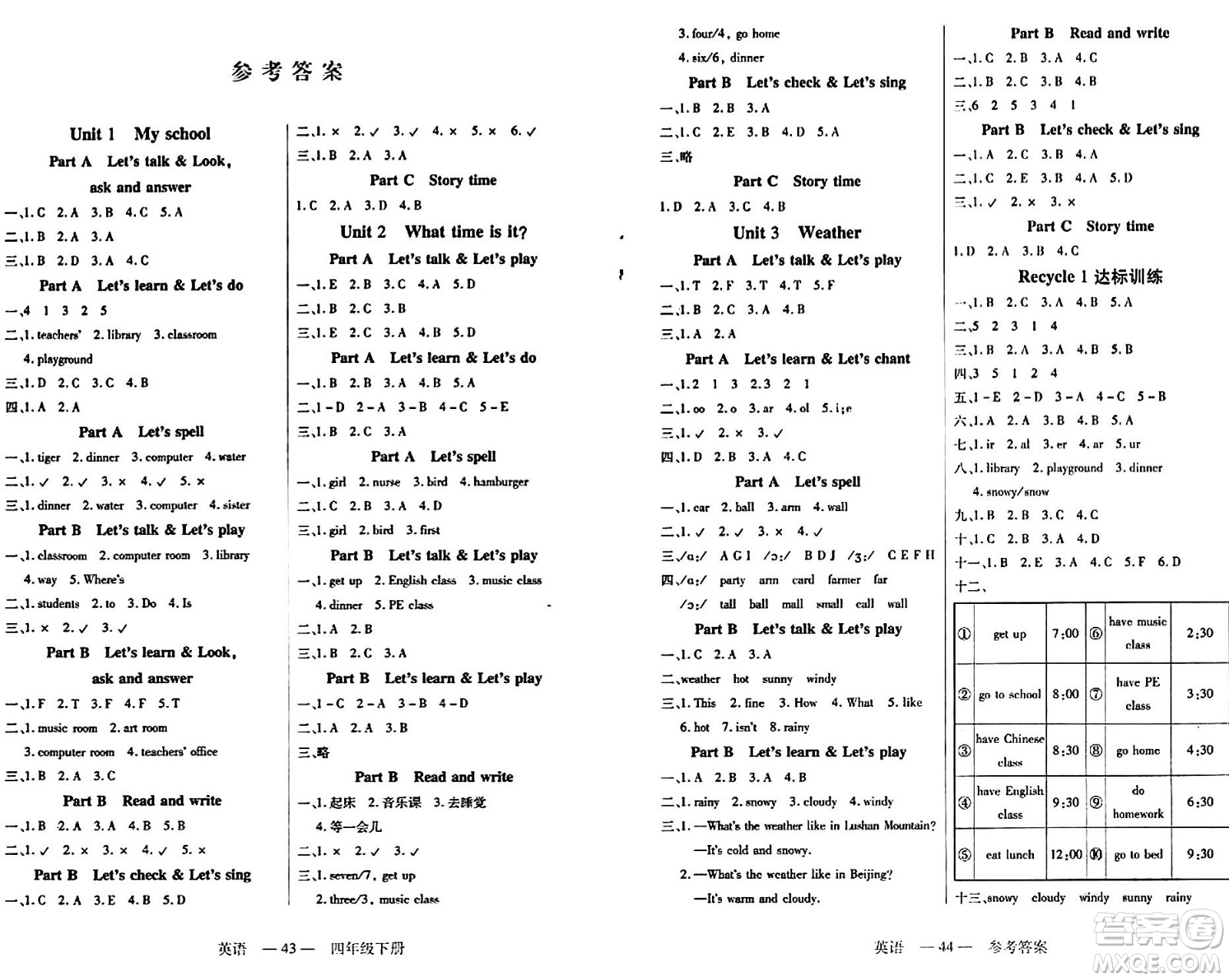 二十一世紀(jì)出版社集團(tuán)2024年春新課程新練習(xí)四年級英語下冊人教PEP版答案