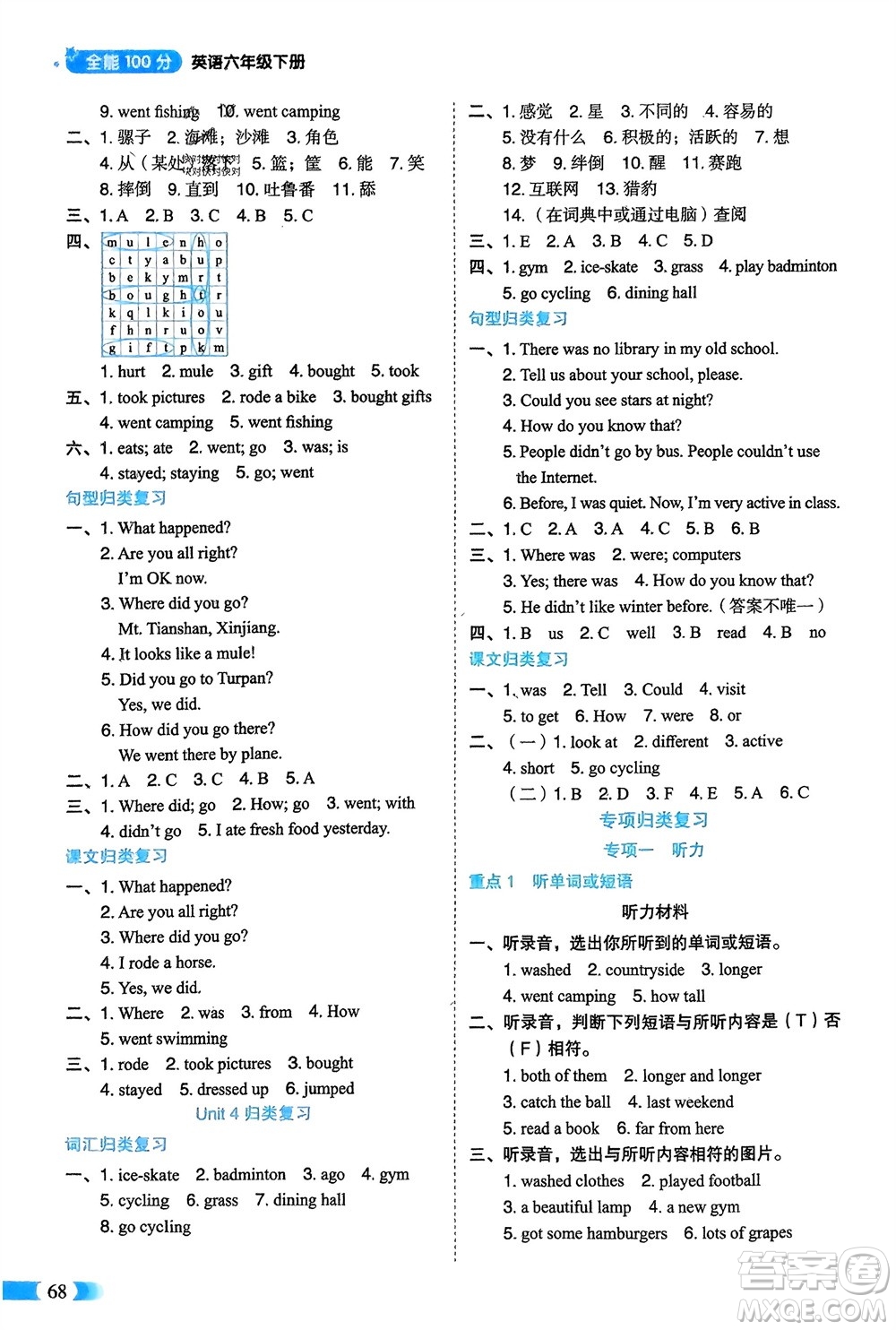 山東美術(shù)出版社2024年春紅逗號全能100分單元歸類復(fù)習(xí)六年級英語下冊人教版參考答案