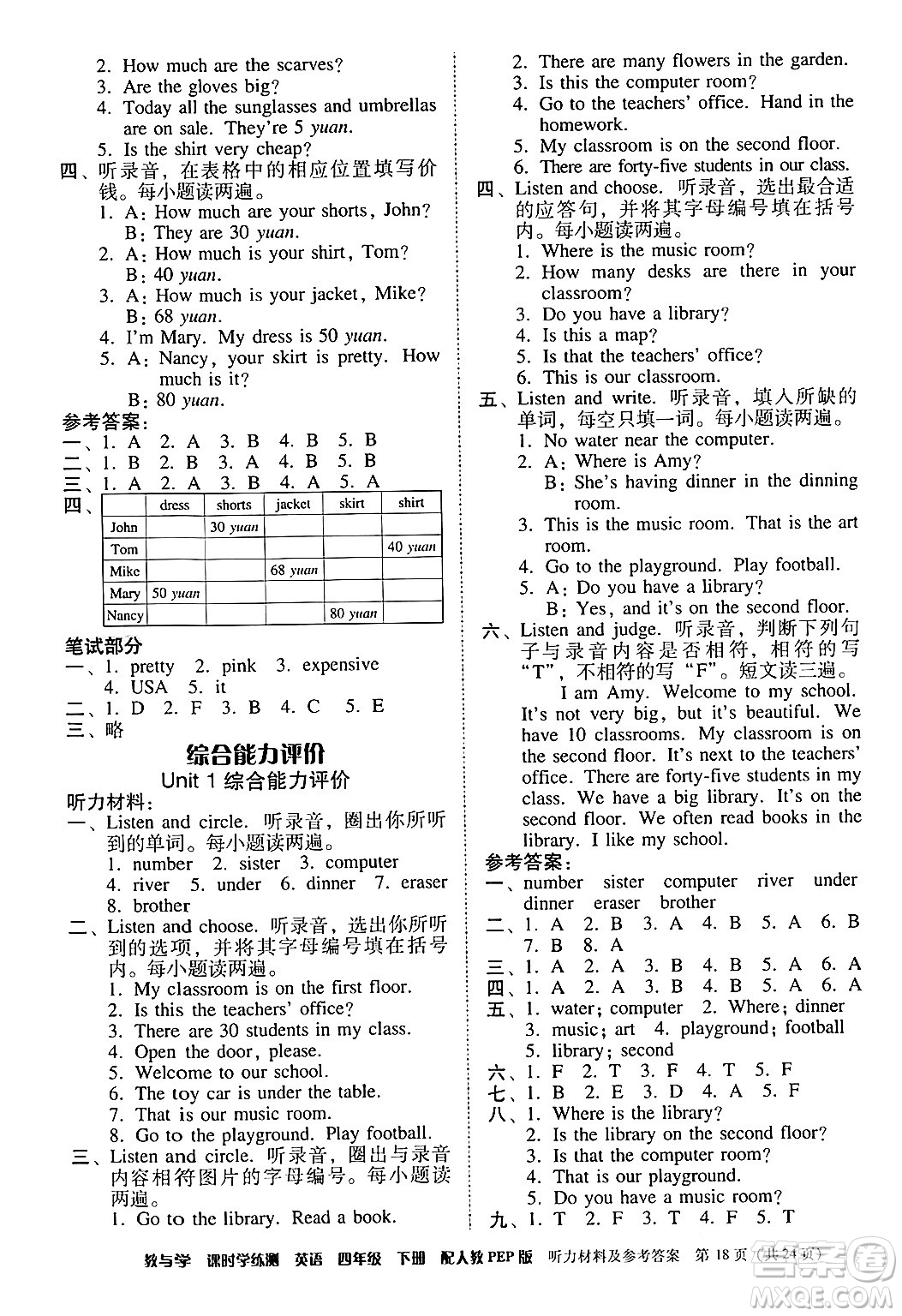 安徽人民出版社2024年春教與學(xué)課時(shí)學(xué)練測(cè)四年級(jí)英語(yǔ)下冊(cè)人教PEP版答案