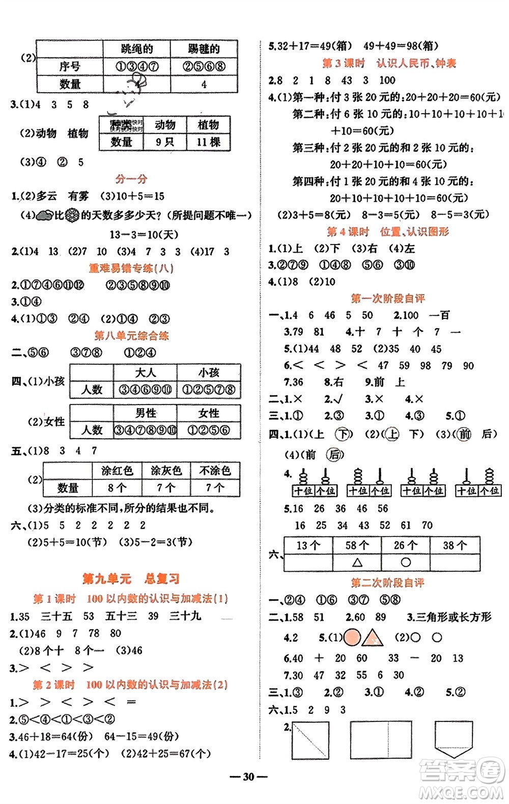 吉林教育出版社2024年春先鋒課堂一年級數(shù)學(xué)下冊西師版參考答案