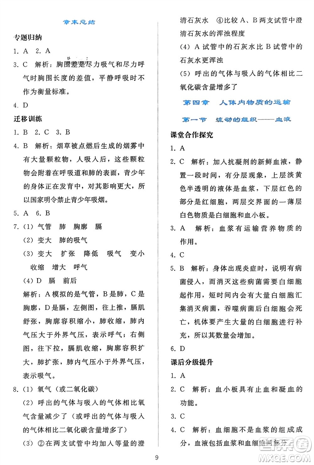 人民教育出版社2024年春同步輕松練習七年級生物下冊人教版參考答案