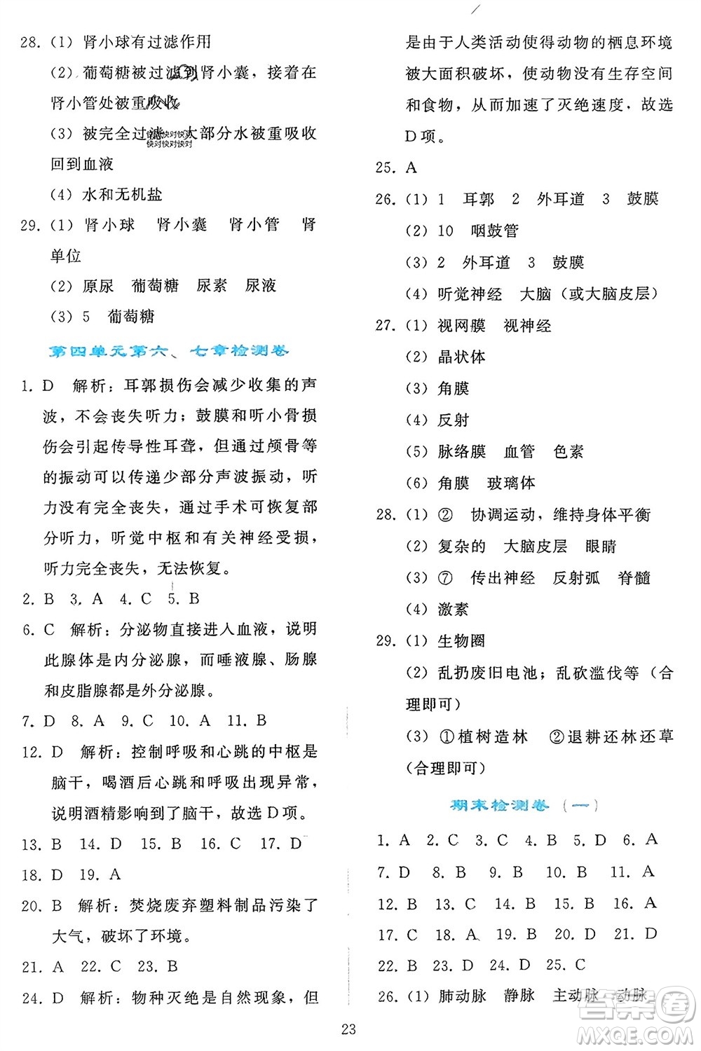 人民教育出版社2024年春同步輕松練習七年級生物下冊人教版參考答案