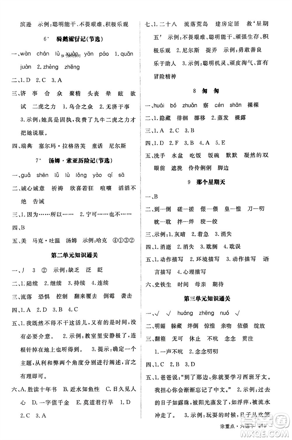 寧夏人民教育出版社2024年春新領(lǐng)程涂重點(diǎn)六年級(jí)語(yǔ)文下冊(cè)通用版參考答案