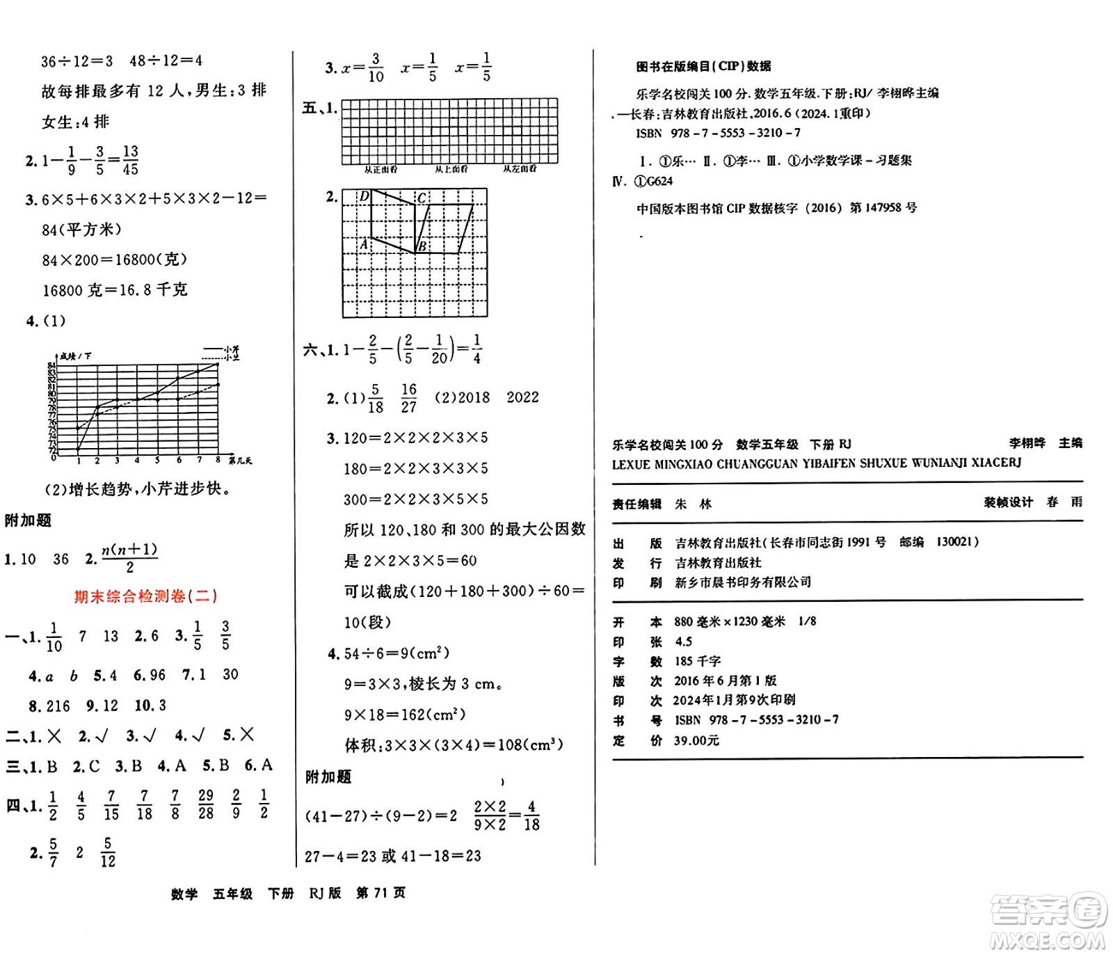 吉林教育出版社2024年春名校闖關100分單元測試卷五年級數(shù)學下冊人教版答案