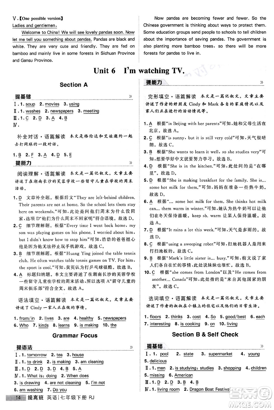 甘肅少年兒童出版社2024年春經(jīng)綸學(xué)霸學(xué)霸提高班七年級英語下冊人教版答案