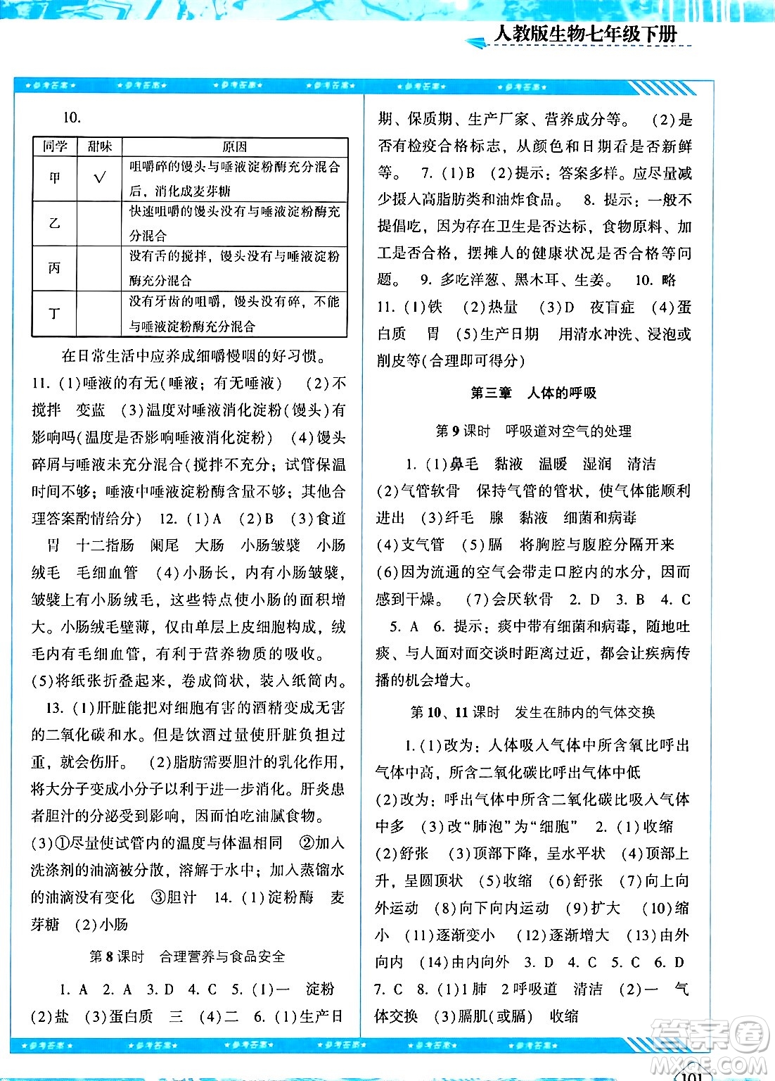 湖南少年兒童出版社2024年春同步實踐評價課程基礎訓練七年級生物下冊人教版答案