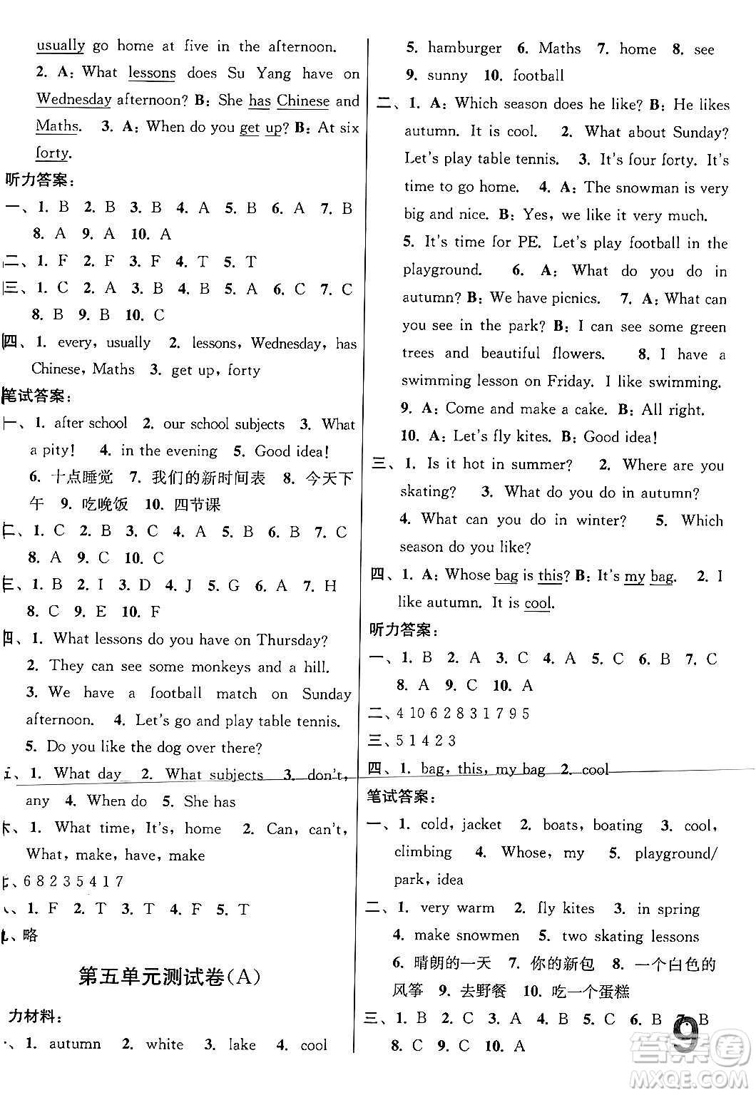 江蘇鳳凰美術(shù)出版社2024年春隨堂測(cè)試卷四年級(jí)英語(yǔ)下冊(cè)江蘇版答案