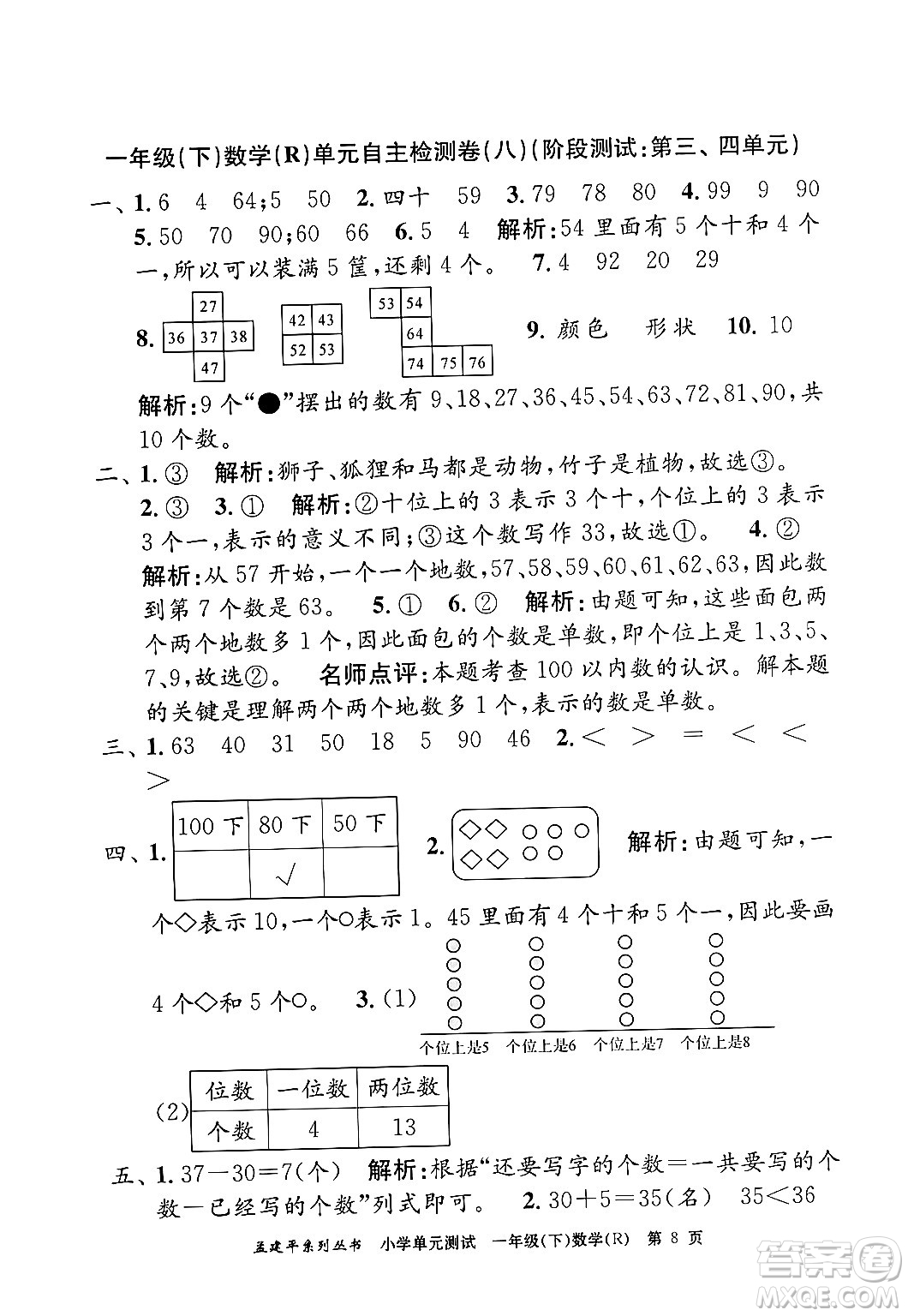 浙江工商大學出版社2024年春孟建平小學單元測試一年級數學下冊人教版答案