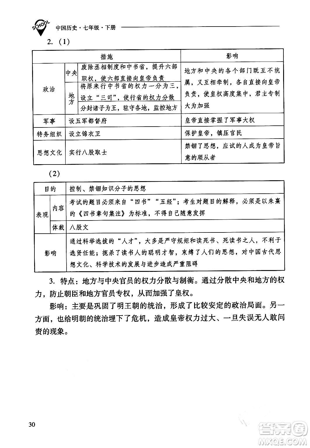 山西教育出版社2024年春新課程問題解決導(dǎo)學(xué)方案七年級(jí)歷史下冊(cè)人教版答案