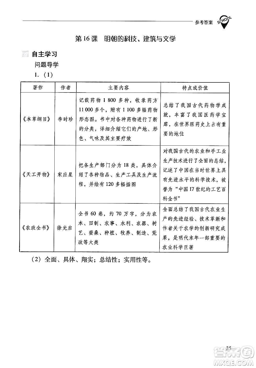 山西教育出版社2024年春新課程問題解決導(dǎo)學(xué)方案七年級(jí)歷史下冊(cè)人教版答案