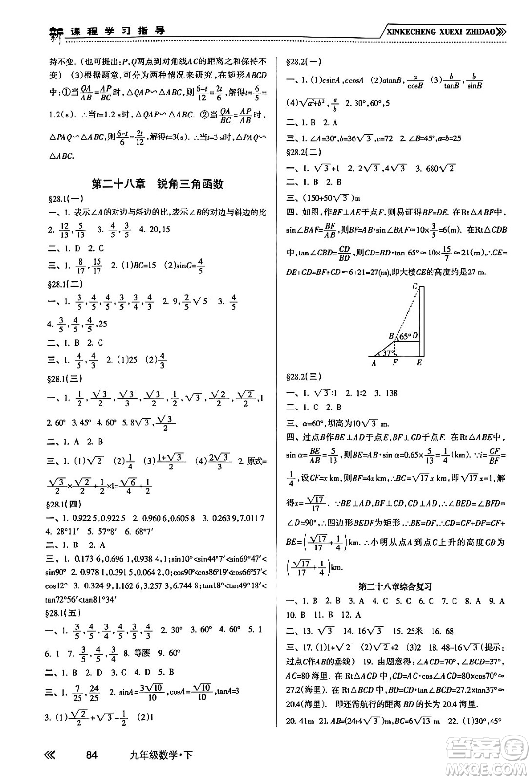 南方出版社2024年春新課程學(xué)習(xí)指導(dǎo)九年級(jí)數(shù)學(xué)下冊(cè)人教版答案