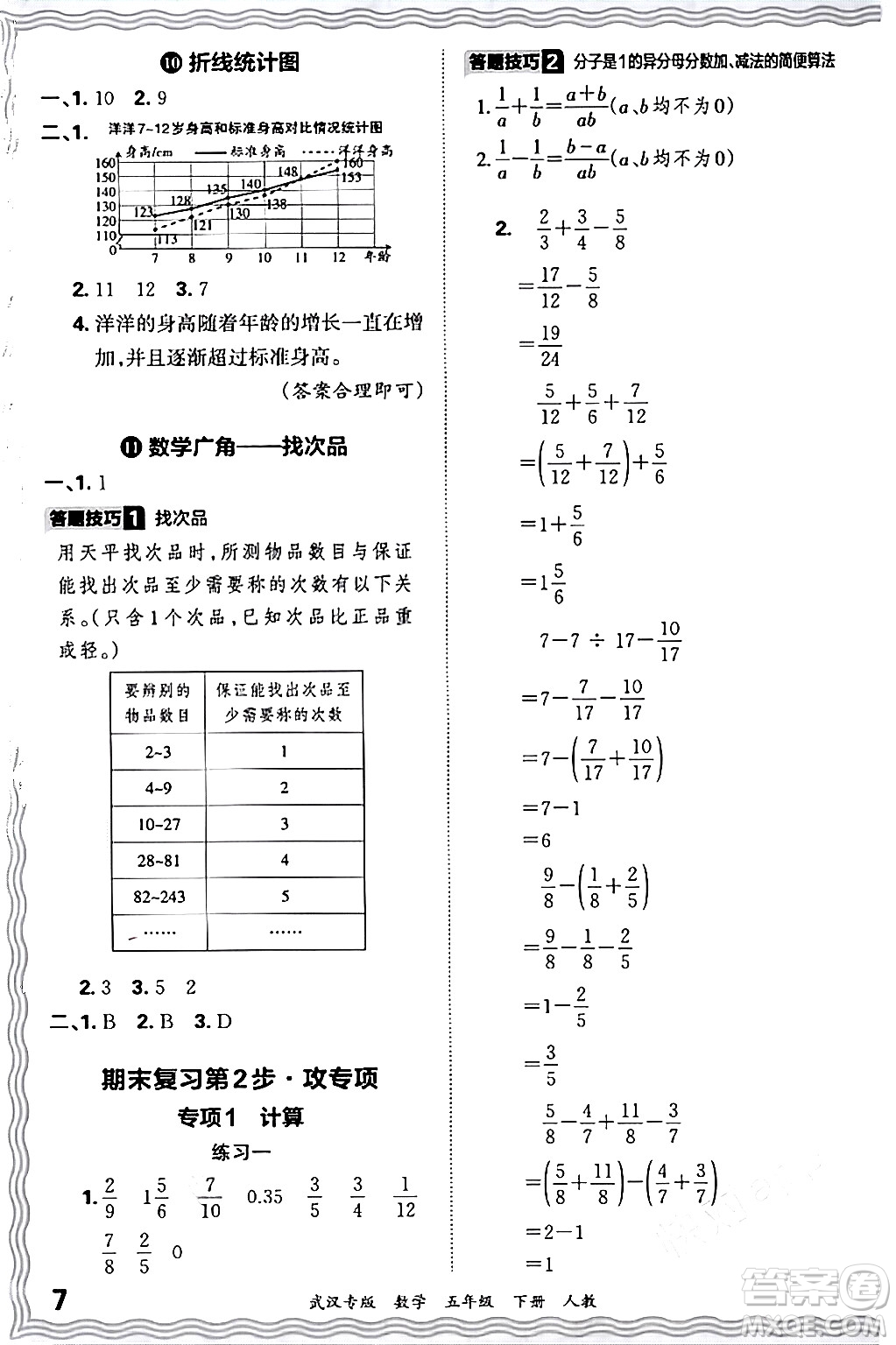 江西人民出版社2024年春王朝霞期末真題精編五年級數(shù)學(xué)下冊人教版武漢專版答案