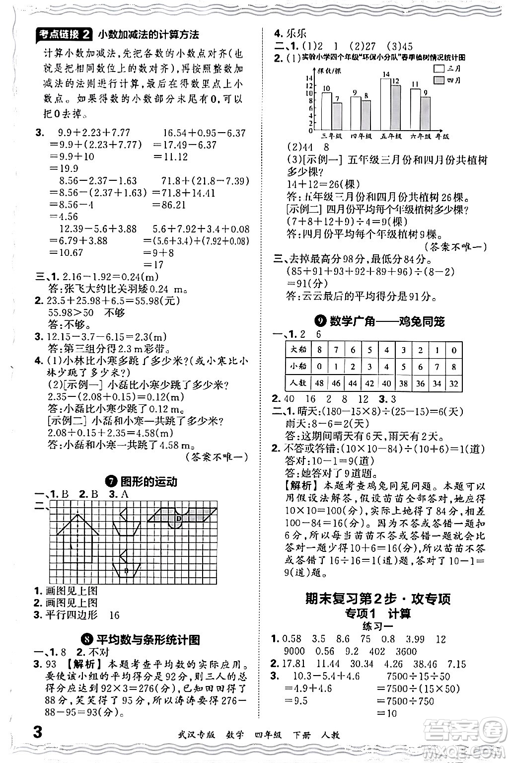 江西人民出版社2024年春王朝霞期末真題精編四年級數(shù)學(xué)下冊人教版武漢專版答案