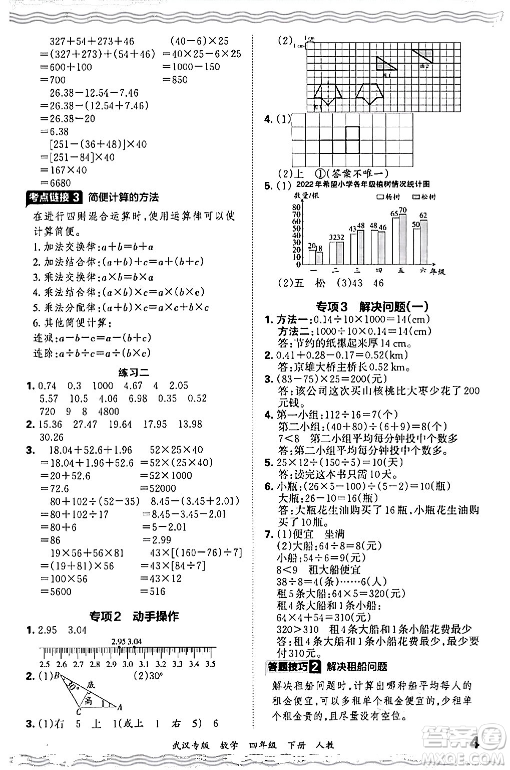 江西人民出版社2024年春王朝霞期末真題精編四年級數(shù)學(xué)下冊人教版武漢專版答案