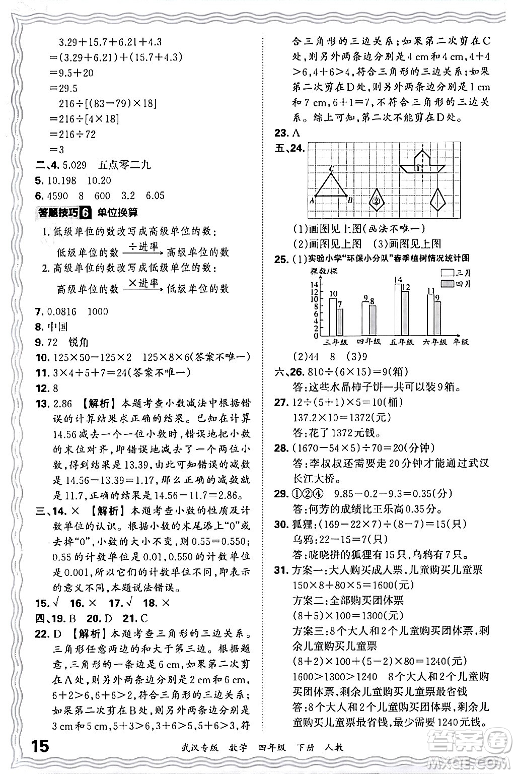 江西人民出版社2024年春王朝霞期末真題精編四年級數(shù)學(xué)下冊人教版武漢專版答案