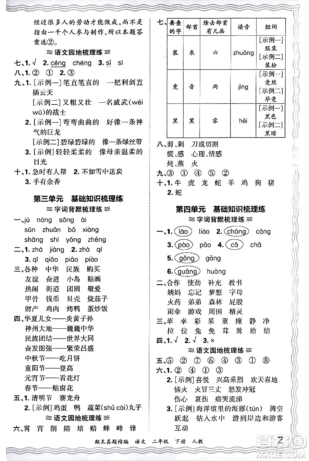 江西人民出版社2024年春王朝霞期末真題精編二年級(jí)語(yǔ)文下冊(cè)人教版答案