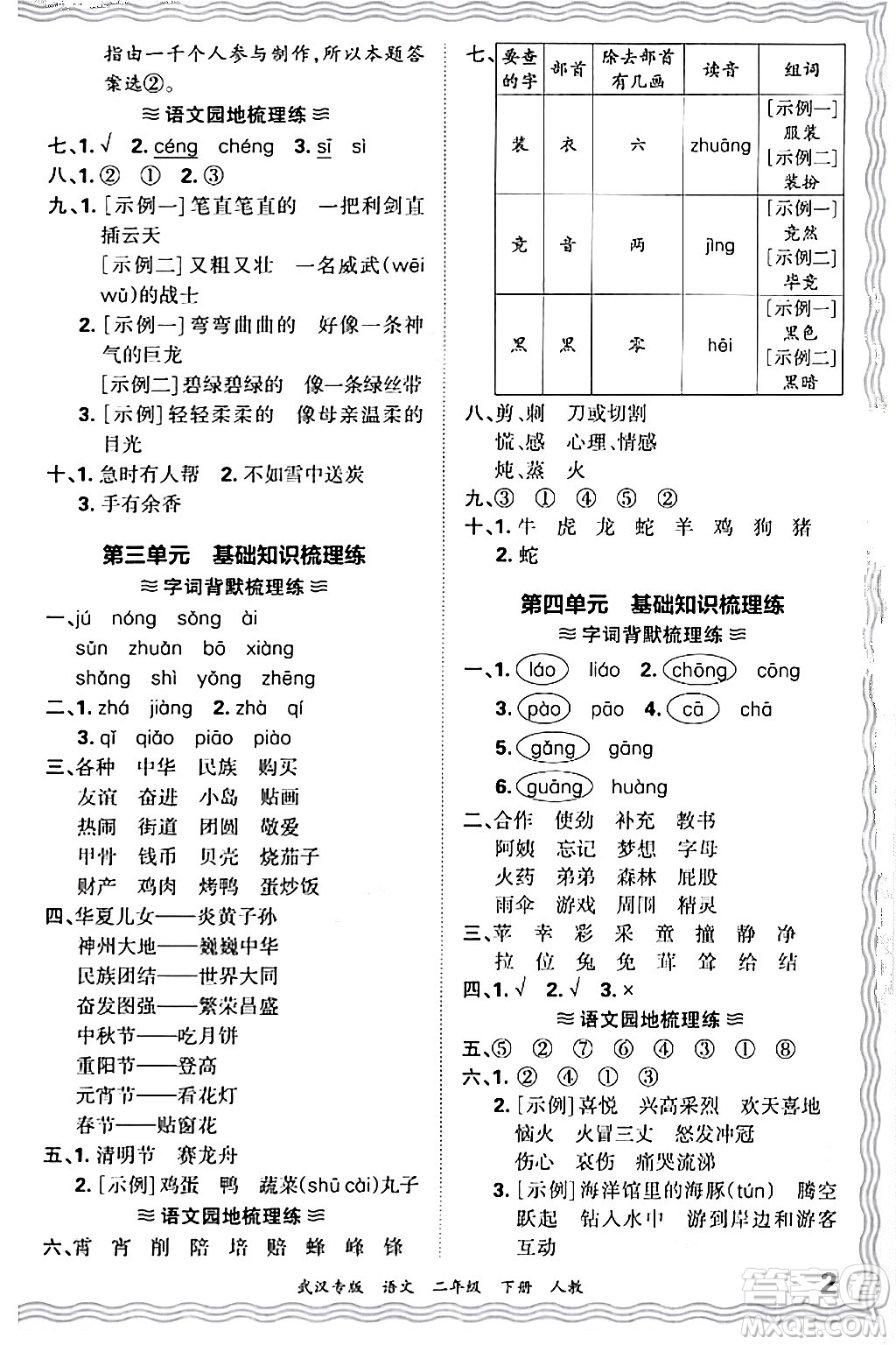 江西人民出版社2024年春王朝霞期末真題精編二年級語文下冊人教版武漢專版答案