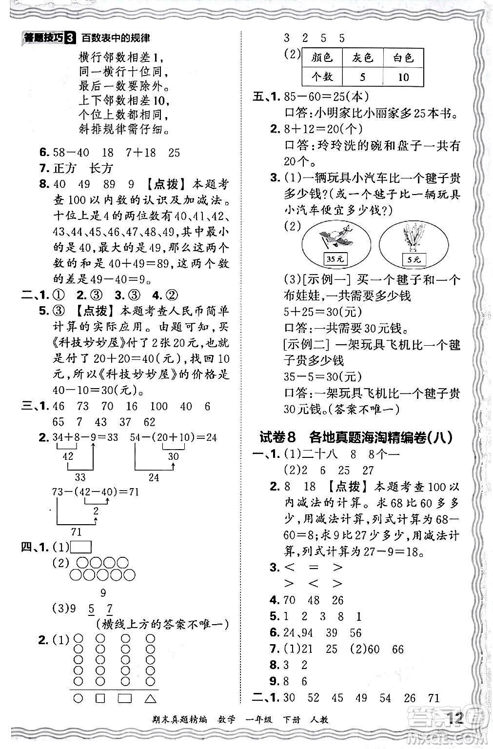 江西人民出版社2024年春王朝霞期末真題精編一年級(jí)數(shù)學(xué)下冊(cè)人教版答案