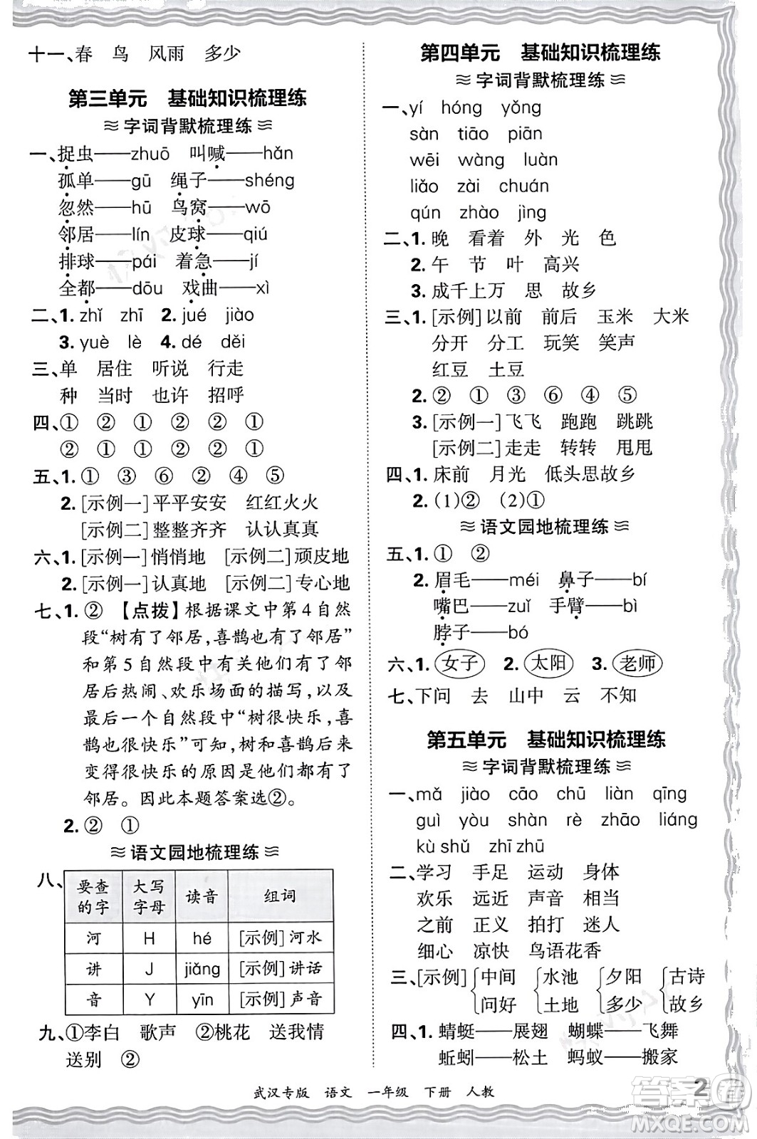 江西人民出版社2024年春王朝霞期末真題精編一年級語文下冊人教版武漢專版答案