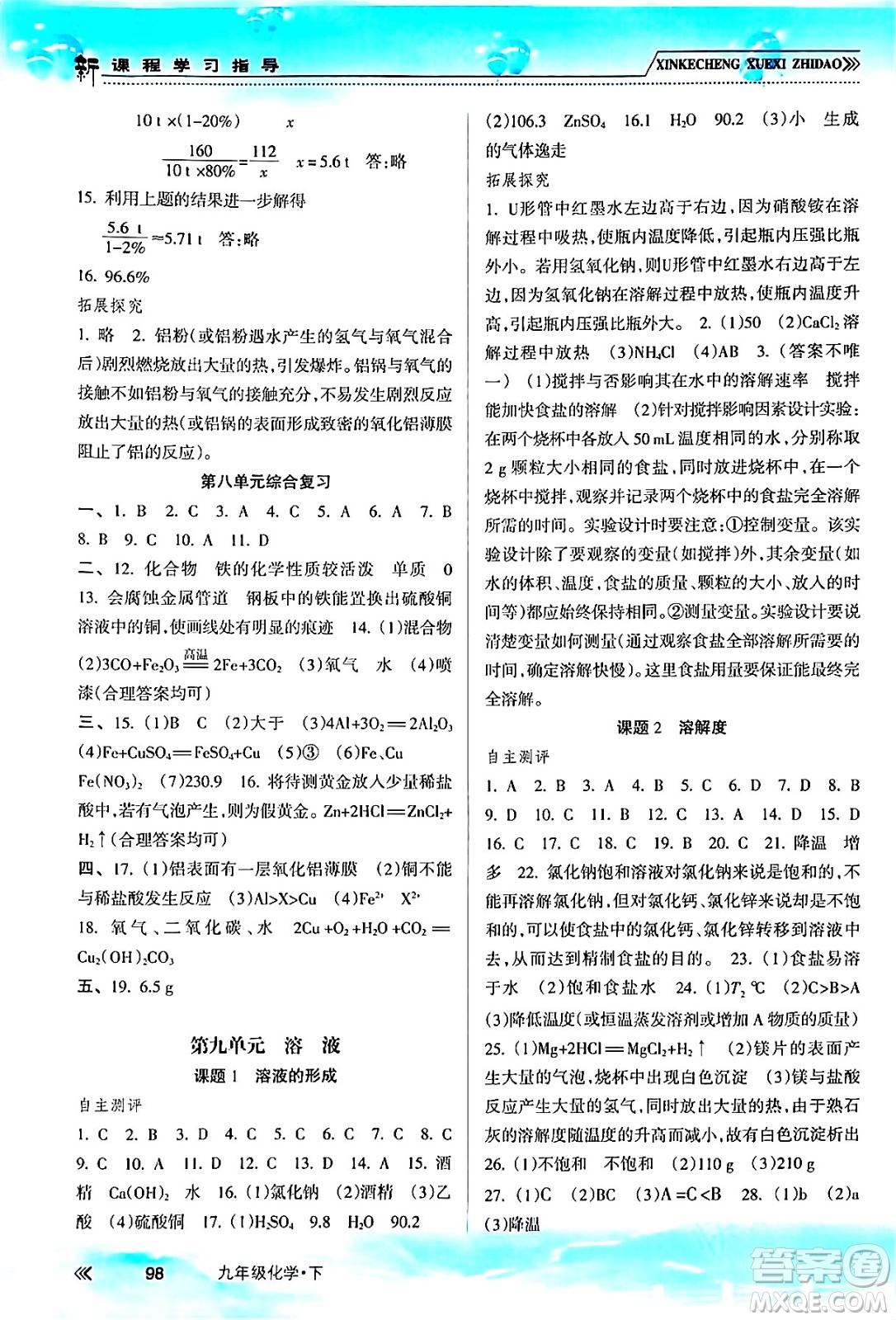 南方出版社2024年春新課程學(xué)習(xí)指導(dǎo)九年級(jí)化學(xué)下冊(cè)人教版答案