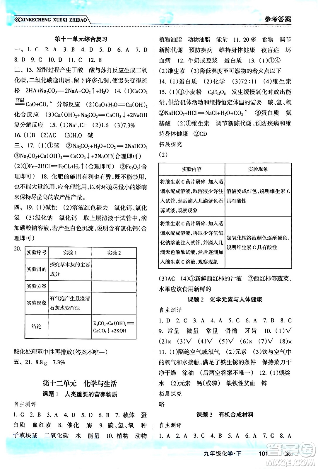 南方出版社2024年春新課程學(xué)習(xí)指導(dǎo)九年級(jí)化學(xué)下冊(cè)人教版答案