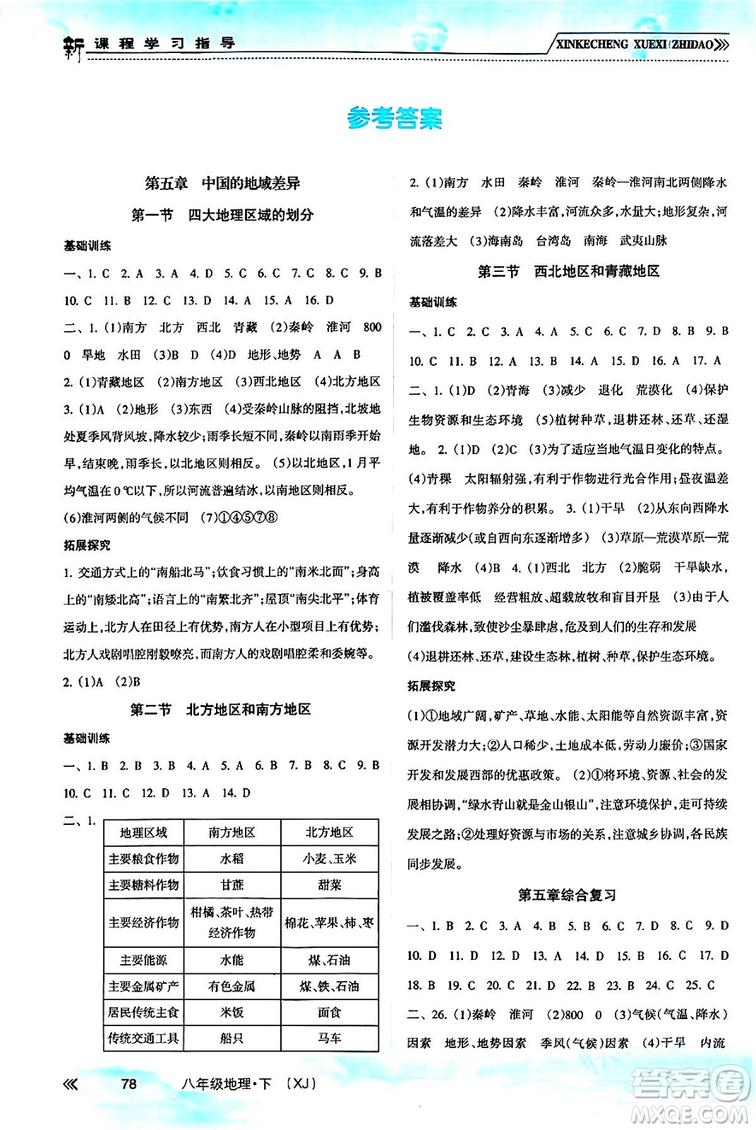 南方出版社2024年春新課程學(xué)習(xí)指導(dǎo)八年級(jí)地理下冊(cè)湘教版答案