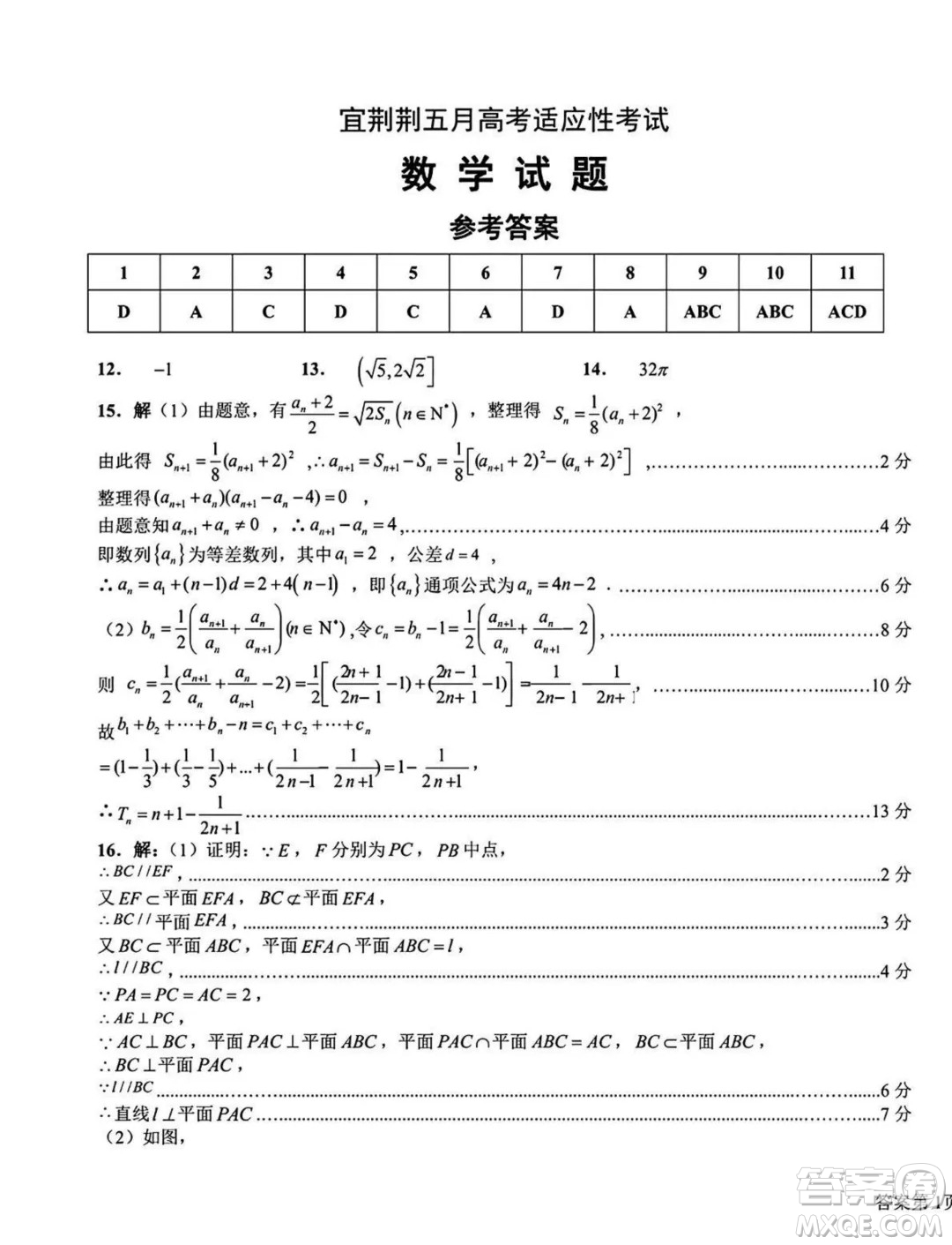 2024屆湖北宜荊荊高三五月高考適應(yīng)性考試數(shù)學(xué)試題答案