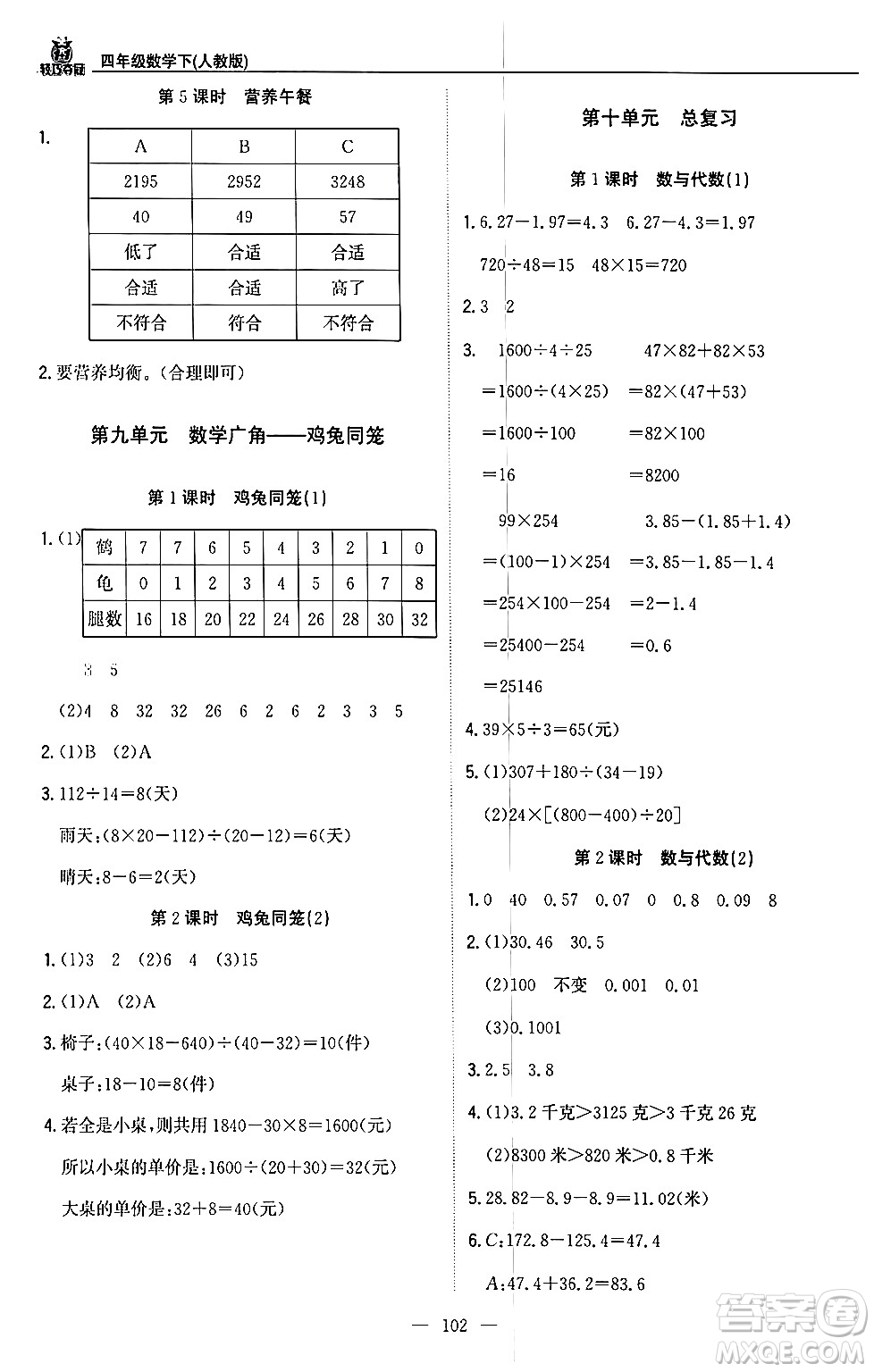 北京教育出版社2024年春1+1輕巧奪冠優(yōu)化訓(xùn)練四年級(jí)數(shù)學(xué)下冊(cè)人教版答案