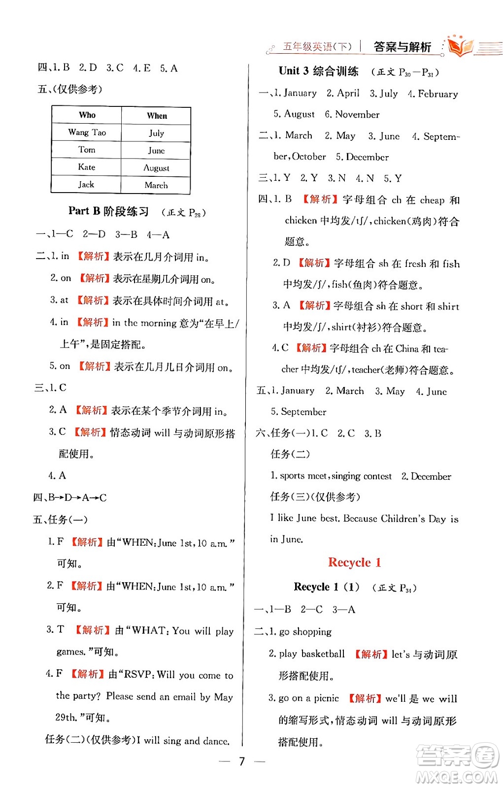 陜西人民教育出版社2024年春小學(xué)教材全練五年級(jí)英語(yǔ)下冊(cè)人教PEP版答案