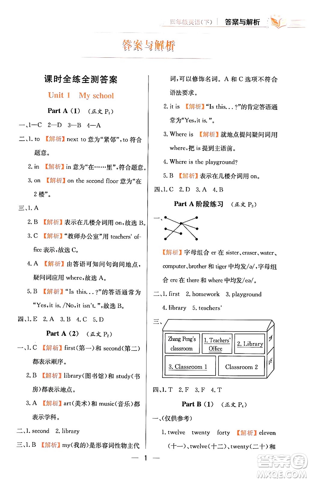 陜西人民教育出版社2024年春小學(xué)教材全練四年級英語下冊人教PEP版答案