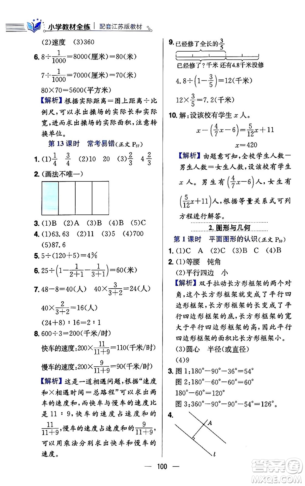 陜西人民教育出版社2024年春小學(xué)教材全練六年級(jí)數(shù)學(xué)下冊(cè)江蘇版答案