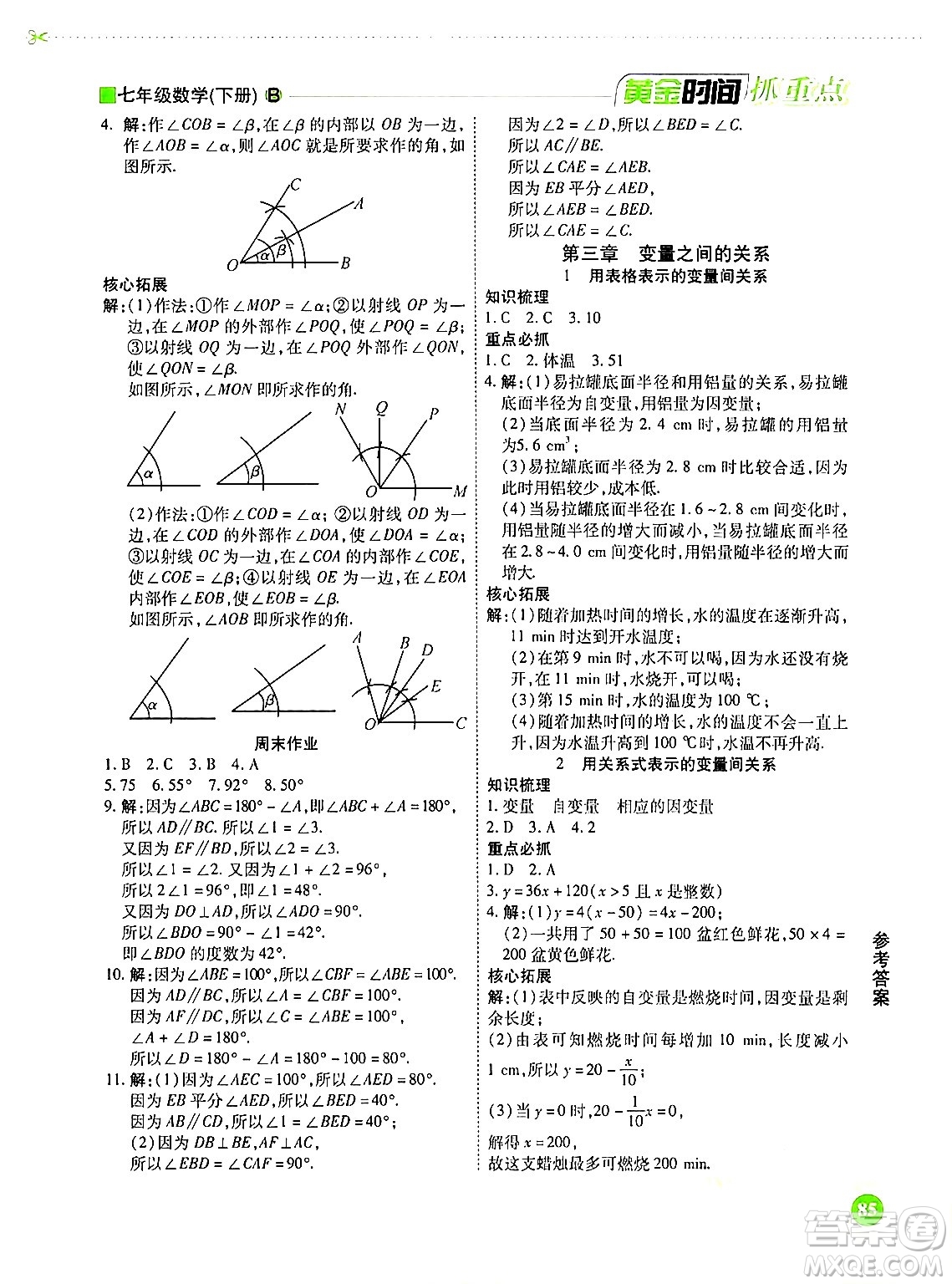 天津科學(xué)技術(shù)出版社2024年春優(yōu)化設(shè)計課課練黃金時間七年級數(shù)學(xué)下冊北師大版答案