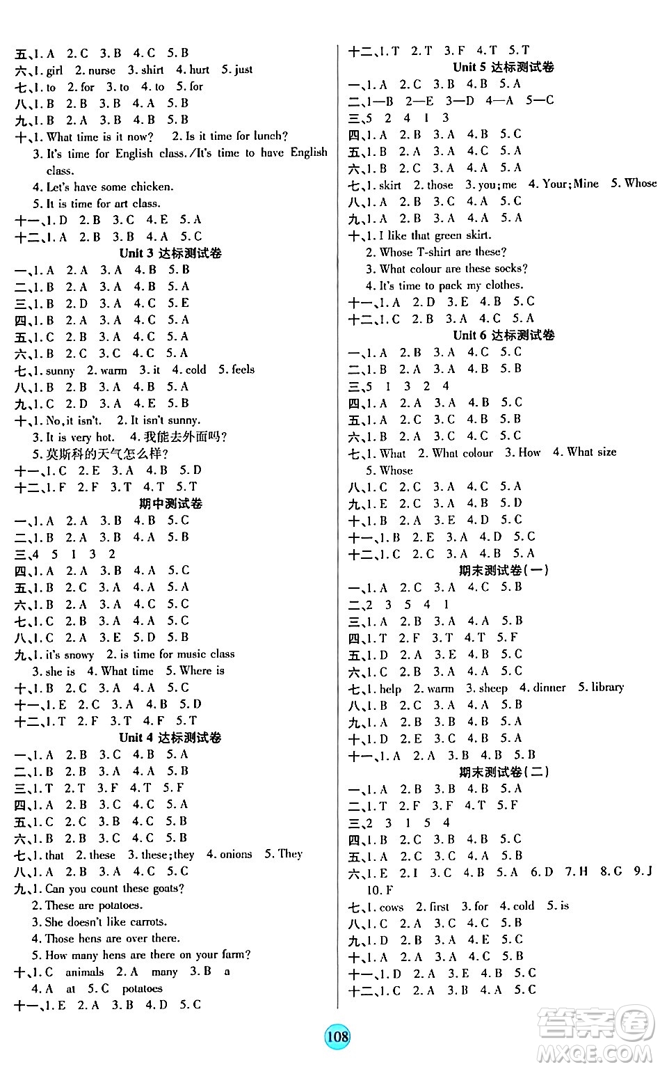 天津科學(xué)技術(shù)出版社2024年春云頂課堂四年級(jí)英語(yǔ)下冊(cè)人教PEP版答案