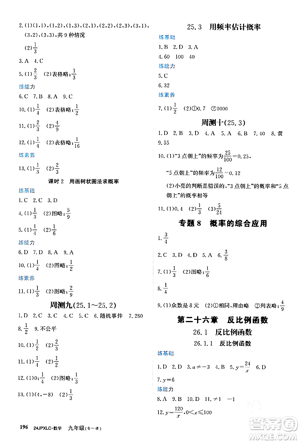 江西高校出版社2024年春金牌學(xué)練測創(chuàng)新作業(yè)設(shè)計(jì)九年級數(shù)學(xué)下冊課標(biāo)版答案