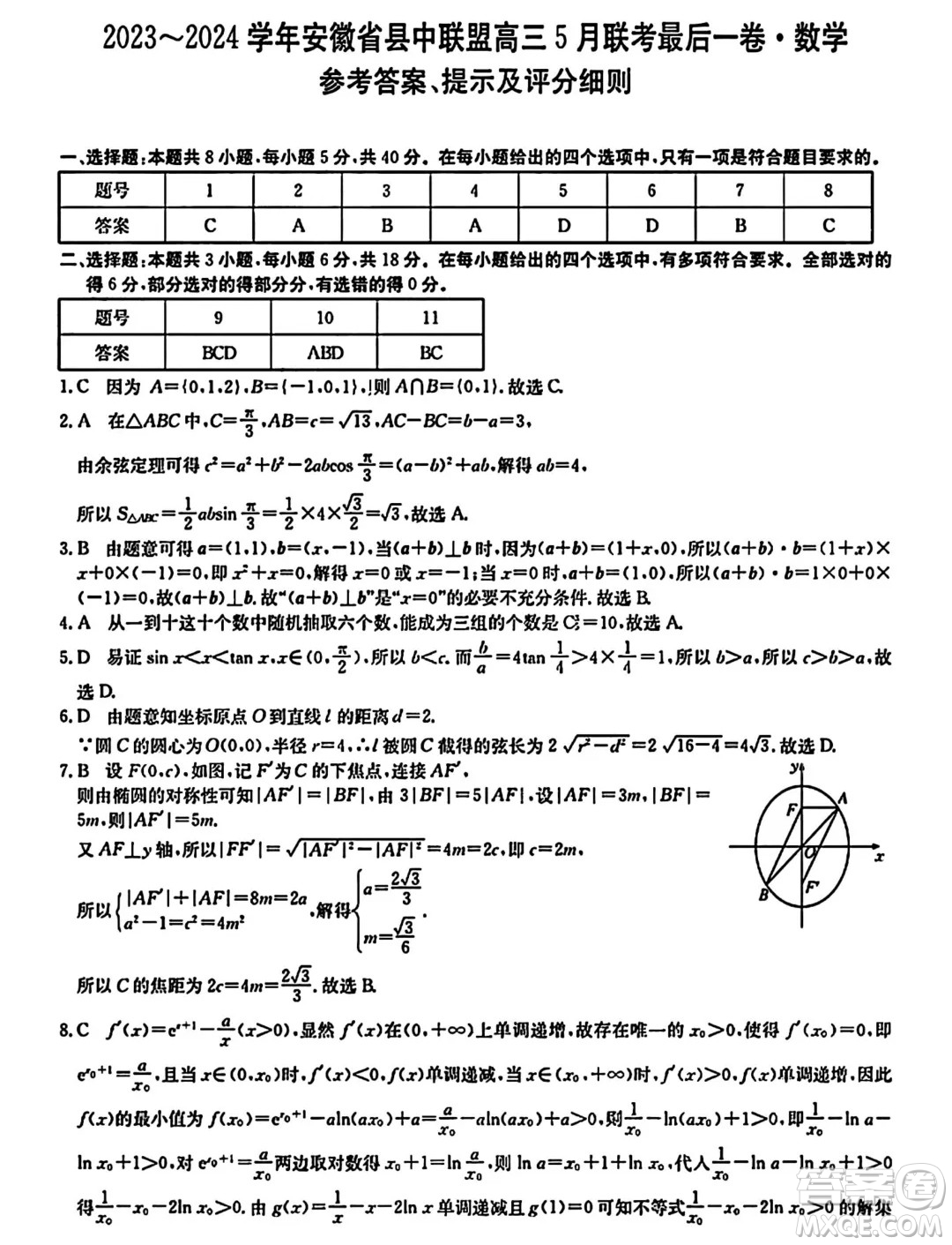 2024屆安徽縣中聯(lián)盟高三下學期5月聯(lián)考三模數(shù)學試題答案